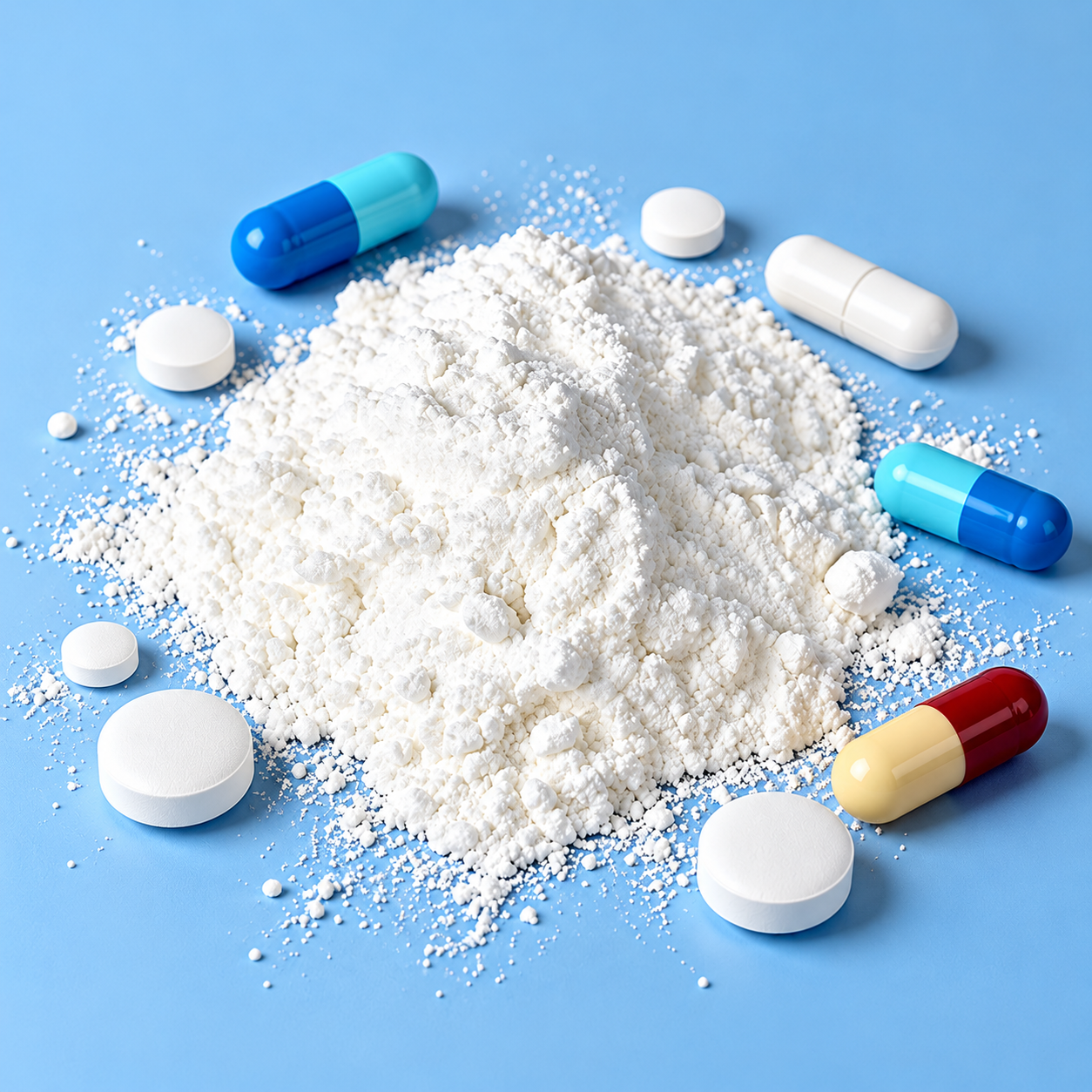Croscarmellose Sodium dạng bột trắng cùng viên nén và viên nang
